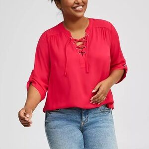 Woman’s Torrid Harper Fuchsia 3/4 Sleeve Lace Up Blouse Size 3X